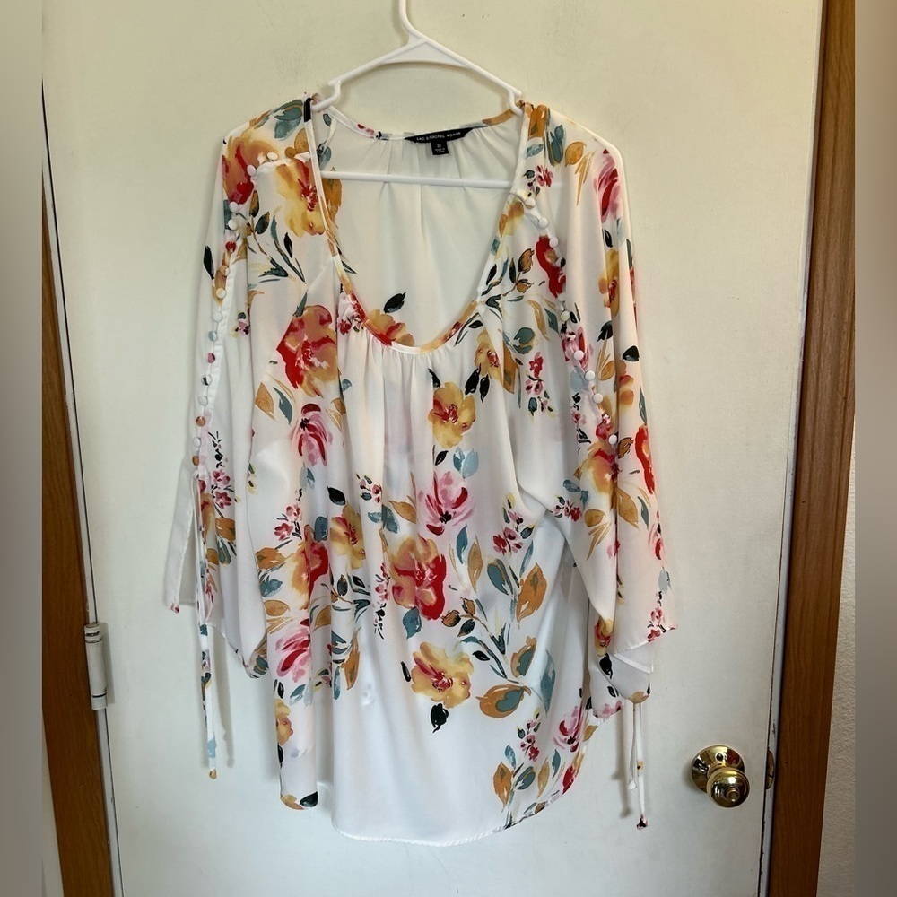 Zac & Rachel Womens Blouse Floral and Ties & Fabric Buttons On Sleeve 3X